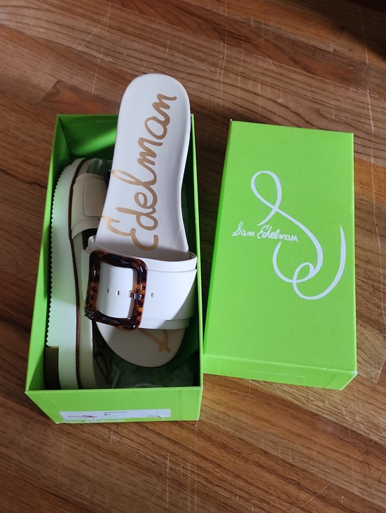 Sam Edelman Shoes - Sam Edelman White Slide Sandals with Tortoiseshell Buckle